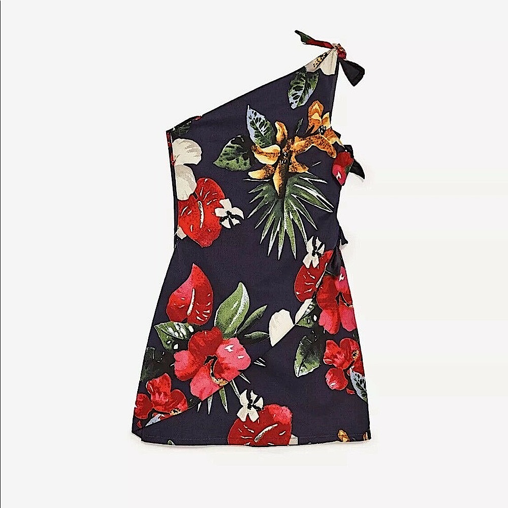 Zara Tropical Floral Side Tie One Shoulder Dress